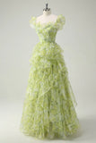 Ndyad Light Sage Green Square Neck Printed Chiffon A-Line Long Prom Dresses Birthday Evening Gowns HZ1024
