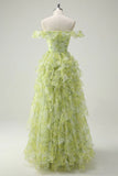 Ndyad Light Sage Green Square Neck Printed Chiffon A-Line Long Prom Dresses Birthday Evening Gowns HZ1024