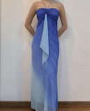 Ndyad Gradient Blue Halter Neck Sheath Long Prom Dresses Elegant Party Dress HZ1024