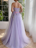 Ndyad Purple Strapless Applique Tulle A-Line Long Prom Dresses Formal Evening Gowns HZ1024