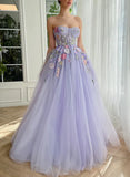 Ndyad Purple Strapless Applique Tulle A-Line Long Prom Dresses Formal Evening Gowns HZ1024