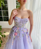 Ndyad Purple Strapless Applique Tulle A-Line Long Prom Dresses Formal Evening Gowns HZ1024