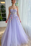 Ndyad Purple Strapless Applique Tulle A-Line Long Prom Dresses Formal Evening Gowns HZ1024