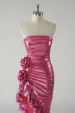 Ndyad Hot Pink Strapless Satin Bodycon Ruffle Long Prom Dresses Formal Evening Gowns HZ1024