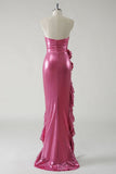 Ndyad Hot Pink Strapless Satin Bodycon Ruffle Long Prom Dresses Formal Evening Gowns HZ1024