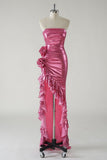 Ndyad Hot Pink Strapless Satin Bodycon Ruffle Long Prom Dresses Formal Evening Gowns HZ1024