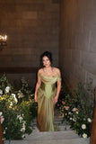 Ndyad Green Off Shoulder Chiffon Satin Corset Long Prom Dresses Elegant Formal Evening Gowns HZ1024