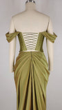 Ndyad Green Off Shoulder Chiffon Satin Corset Long Prom Dresses Elegant Formal Evening Gowns HZ1024