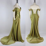 Ndyad Green Off Shoulder Chiffon Satin Corset Long Prom Dresses Elegant Formal Evening Gowns HZ1024