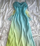 Ndyad Pink Sheath Spaghetti Straps Fairytale Chiffon Long Prom Dresses Vintage Party Dress HZ1024
