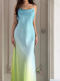 Ndyad Pink Sheath Spaghetti Straps Fairytale Chiffon Long Prom Dresses Vintage Party Dress HZ1024