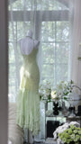 Ndyad Light Sage Green Spaghetti Straps Chiffon Mermaid Sequins Long Prom Dresses Vintage Open Back Evening Gowns HZ1024