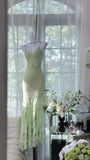 Ndyad Light Sage Green Spaghetti Straps Chiffon Mermaid Sequins Long Prom Dresses Vintage Open Back Evening Gowns HZ1024