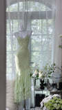 Ndyad Light Sage Green Spaghetti Straps Chiffon Mermaid Sequins Long Prom Dresses Vintage Open Back Evening Gowns HZ1024