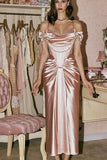 Ndyad Pink Off Shoulder Corset Satin A-Line Long Prom Dresses Fashion Bridesmaid Dresses HZ1024