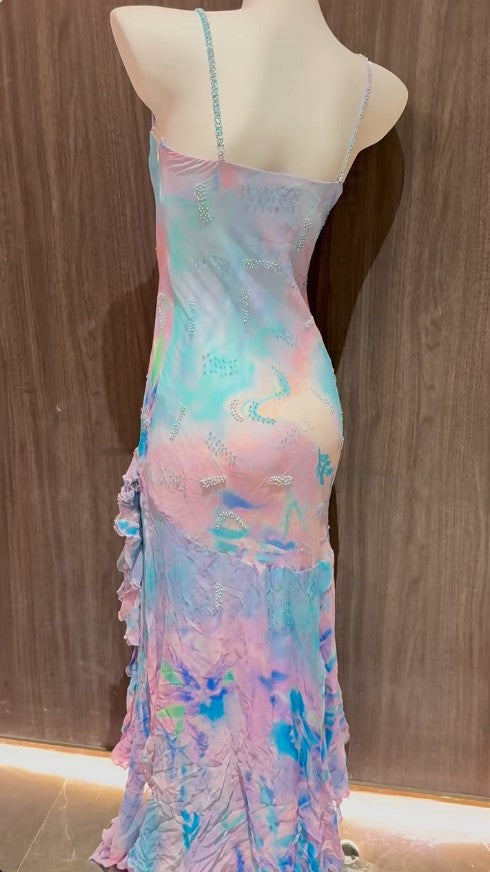 Ndyad Colorful Spaghetti Straps Chiffon Beaded Sheath Long Prom Dresses Stunning Evening Gowns HZ1024
