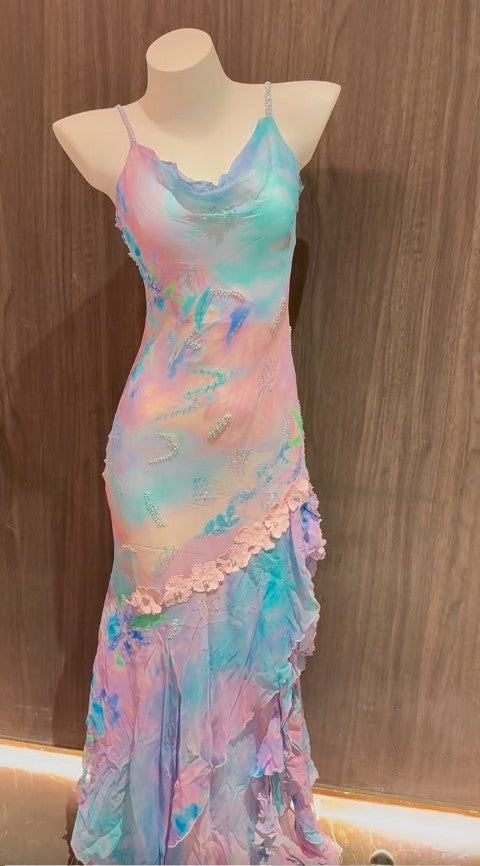 Ndyad Colorful Spaghetti Straps Chiffon Beaded Sheath Long Prom Dresses Stunning Evening Gowns HZ1024