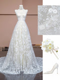 Ndyad White V-neck Lace Applique A-Line Wedding Dress with Train HZ1024