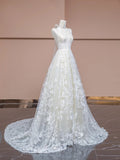 Ndyad White V-neck Lace Applique A-Line Wedding Dress with Train HZ1024