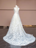 Ndyad White V-neck Lace Applique A-Line Wedding Dress with Train HZ1024