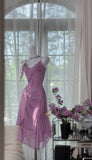 Ndyad Purple Spaghetti Straps Chiffon Beading Short Prom Dresses Sweet Party Dresses HZ1024