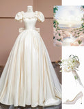 Ndyad Off-White A-Line Satin Square Neck Wedding Dress with 3D Flowers HZ1024
