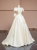 Ndyad Off-White A-Line Satin Square Neck Wedding Dress with 3D Flowers HZ1024