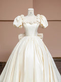 Ndyad Off-White A-Line Satin Square Neck Wedding Dress with 3D Flowers HZ1024