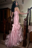 Ndyad Strapless Pink Tulle Mermaid Long Prom DressesFormal Evening Gowns HZ1024