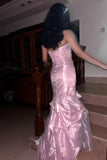 Ndyad Strapless Pink Tulle Mermaid Long Prom DressesFormal Evening Gowns HZ1024