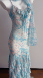 Ndyad Blue Printed Chiffon Spaghetti Straps Beaded Sheath Prom Dresses for Party HZ1024