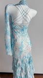Ndyad Blue Printed Chiffon Spaghetti Straps Beaded Sheath Prom Dresses for Party HZ1024