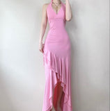 Ndyad Pink Halter Neck Ruffle Sheath Party Dresses with Slits HZ1024