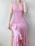 Ndyad Pink Halter Neck Ruffle Sheath Party Dresses with Slits HZ1024