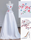 Evafashion White Strapless Satin Beaded A-line Wedding Dresses Formal Evening Gowns HZ1024