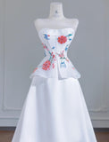 Evafashion White Strapless Satin Beaded A-line Wedding Dresses Formal Evening Gowns HZ1024