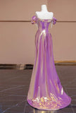 Ndyad Purple Off Shoulder Satin Beaded A-line Long Prom Dresses Stylish Formal Evening Gowns HZ1024