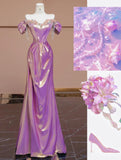 Ndyad Purple Off Shoulder Satin Beaded A-line Long Prom Dresses Stylish Formal Evening Gowns HZ1024