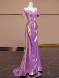 Ndyad Purple Off Shoulder Satin Beaded A-line Long Prom Dresses Stylish Formal Evening Gowns HZ1024