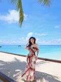 Ndyad Red Off Shoulder Printed Chiffon A-line Party Dresses Daily Evening Gowns HZ1024