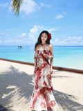 Ndyad Red Off Shoulder Printed Chiffon A-line Party Dresses Daily Evening Gowns HZ1024