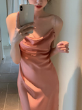 Ndyad Satin Diamond Chain Side Slits Backless Suspender Dress HZ1024
