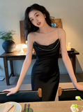 Ndyad Satin Diamond Chain Side Slits Backless Suspender Dress HZ1024