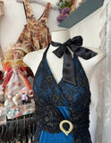 Ndyad Blue Satin Black Lace Appliques V-Neck Backless A-Line Party Dress Vintage Formal Evening Gowns HZ1024