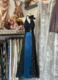 Ndyad Blue Satin Black Lace Appliques V-Neck Backless A-Line Party Dress Vintage Formal Evening Gowns HZ1024