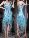 Ndyad Blue Spaghetti Straps Sheath Lace Beading Vintage Prom Dresses HZ1024