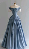 Ndyad Blue Palace Style Satin A-Line Long Prom Dresses Formal Off-the-shoulder Evening Gowns HZ1024