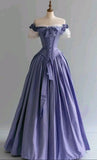Ndyad Blue Palace Style Satin A-Line Long Prom Dresses Formal Off-the-shoulder Evening Gowns HZ1024