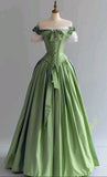 Ndyad Blue Palace Style Satin A-Line Long Prom Dresses Formal Off-the-shoulder Evening Gowns HZ1024