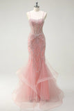 Ndyad Peach Spaghetti Straps Mermaid Beaded Tulle Long Prom Dresses Formal Evening Gowns HZ1024